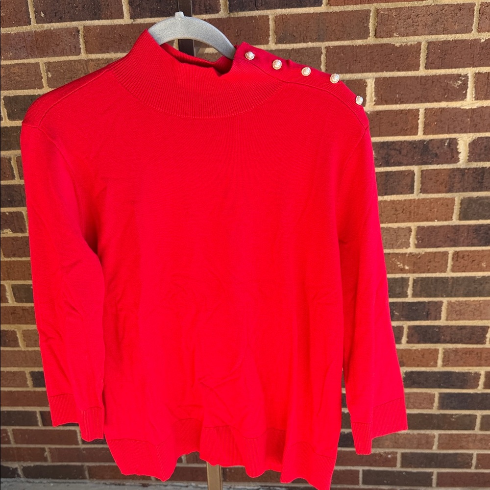 Red Button-Shoulder Sweater